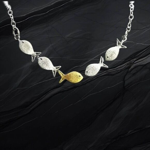 Charming Gold Silver Fish Necklace Fishing - Picture 1 of 8
